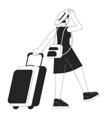 Wall Mural - Hat young woman travelling with suitcase flat line black white vector character. Editable outline full body person. Tropical vacation simple cartoon isolated spot illustration for web graphic design