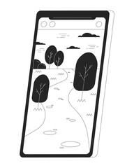Fototapete - Mobile phone landscape flat monochrome isolated vector object. Phone taking picture. Smartphone. Editable black and white line art drawing. Simple outline spot illustration for web graphic design
