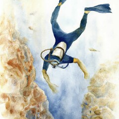 Wall Mural - AI generated illustration of a watercolor painting depicting a scuba diver in the ocean