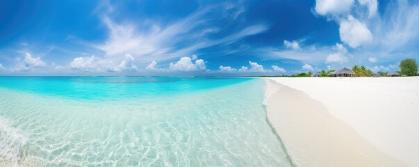  Beautiful banner beach with sand, turquoise ocean water and blue sky with clouds in sunny day. Ai generative.