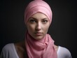 © Imaginarbc/Wirestock Creators - AI generated illustration of a woman in a pink hijab on a dark background