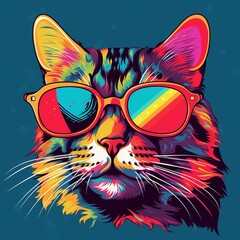  AI generated illustration of a joyful feline wearing stylish sunglasses posed on a blue background