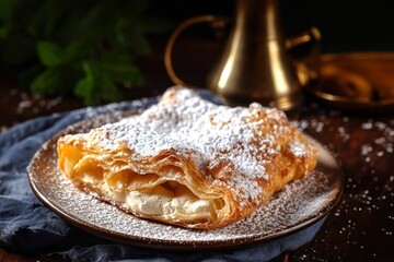 Sticker - AI generated illustration of a white plate with Bougatsa served with powdered sugar