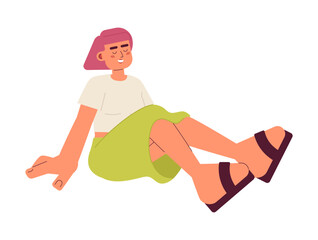Fototapete - Asian girl on summer break semi flat color vector character. Korean young woman sitting, enjoying breeze. Editable full body person on white. Simple cartoon spot illustration for web graphic design