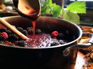 Canvas Print - AI generated illustration of an appetizing bowl of homemade berry compote with fresh ripe berries