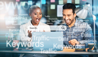 Fototapete - Seo, collaboration and laptop with business people in office for research, social media and branding. Overlay, news and creative with man and black woman in digital agency for startup and website
