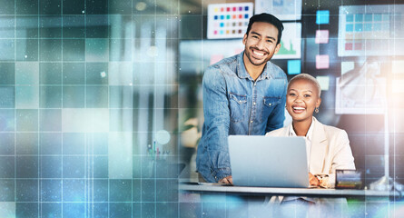 Teamwork, laptop and space with portrait of business people in office for creative, networking and review. Collaboration, mockup and startup with man and black woman in digital agency for website