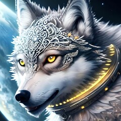 Sticker - AI generated gray wolf with yellow eyes and patterned forehead