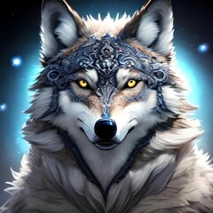 Sticker - AI generated gray wolf with yellow eyes and patterned forehead