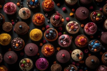 Canvas Print - AI generated illustration of chocolate cupcakes with creamy toppings