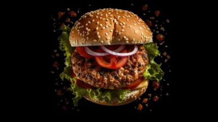 Wall Mural - AI generated illustration of a delicious, mouth-watering cheeseburger on a dark background