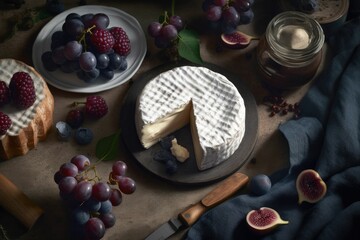 Sticker - AI generated illustration of camembert served with grapes