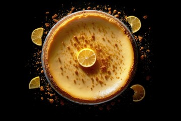 Poster - AI generated illustration of cheesecake served on a dark background