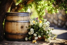 Wooden Barrel With White Flowers In The Shade Of A Green Tree. AI-generated.