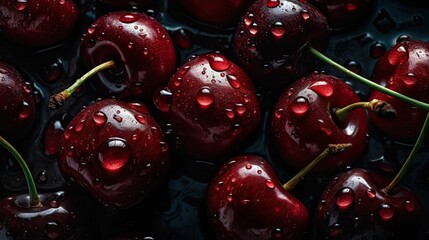 Sticker - AI-generated illustration of deep red cherries with water droplets on them