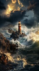 Wall Mural - ai generated illustration of a powerful lighthouse standing tall against the tumultuous waves of sea