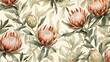 Seamless pattern with protea flowers. Watercolor illustration.