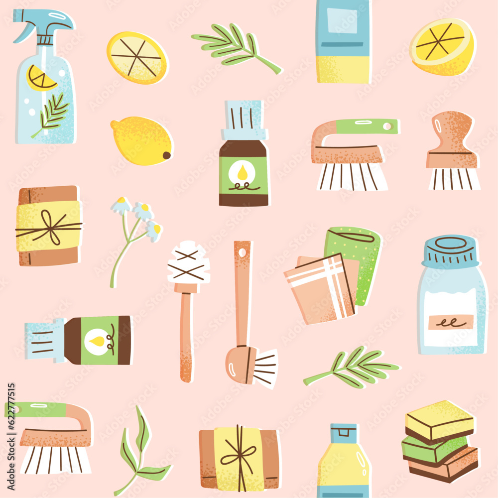 Eco-friendly cleaning products seamless pattern. Vector illustration of homemade green cleaner ingredients. Zero waste housekeeping concept. Flat hand drawn style.