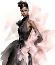 Beautiful Fashionable Young Black Woman In Haute Couture Gown, Fashion Sketch Illustration Style