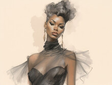 Beautiful Fashionable Young Black Woman In Evening Gown, Fashion Sketch Illustration Style