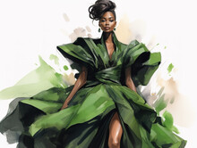 Beautiful Fashionable Young Black Woman In Green Haute Couture Dress, Fashion Sketch Illustration Style