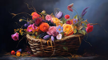 Blumen Mit Herz Im Korb, Bright Color. Generative Ai