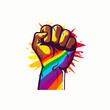 Fist in the air with rainbow colors.
