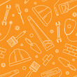 © Irina Fedurtso - Vector seamless pattern on an orange background for the International Labor Day with tools.