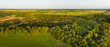 Aerial panorama of forest with heather in nature area Mantingerzand, Mantinge, Drenthe, Netherlands.
