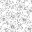 Black and white elegant seamless pattern with dahlia, cosmos flower. Floral line art pattern for invitations, cards, print, gift wrap, manufacturing, textile, fabric, wallpapers.