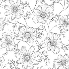 black and white elegant seamless pattern with dahlia, cosmos flower. floral line art pattern for inv