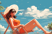 Illustration A Woman In A Hat And Glasses Resting By The Sea During The Summer Time. Generative AI