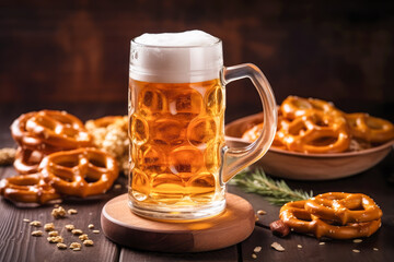 Wall Mural - A mug of beer and a pretzel on a wooden table. Oktoberfest concept. Generative AI. 