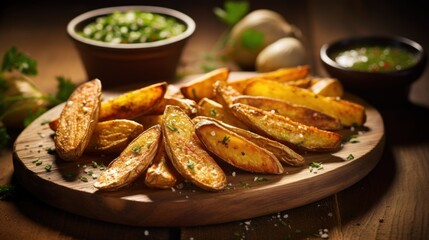 Fried, baked potato wedges on a wooden board. potatoes
