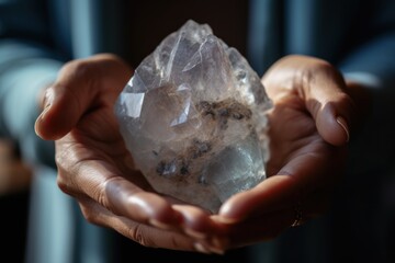 Close up of feminine hands holding beautiful quartz crystal for meditation, natural colors, view from the top.