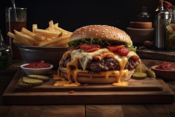 Wall Mural - Delicious Classic American Burger with Melted Cheese, Crispy Bacon, and Golden French Fries. Product Photography