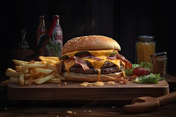 Wall Mural - Delicious Classic American Burger with Melted Cheese, Crispy Bacon, and Golden French Fries. Product Photography