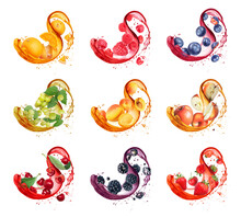 Set Of Various Fruits And Berries With Splashes Of Juice