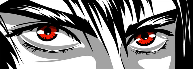 Wall Mural - Red eyes, angry look of a man in manga and anime style.