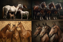 Chestnut Horses Family Painting, Beautiful Brown Horse, Abstract Generative AI Illustration