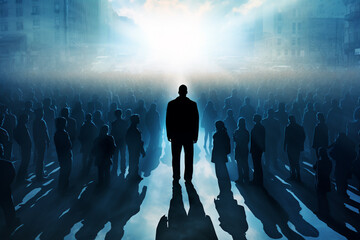 States of mind, psychology, people, media and politics concept. Abstract illustration of people and crowd manipulation. Dark man silhouette standing surrounded people silhouettes. Generative AI
