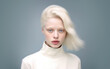 Female albino fashion model. Young woman with light skin and hair posing for studio shot. Generative AI