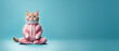 Calm looking cat wearing sport clothes, sitting on ground in lotus like position. Zen meditation concept, Wide banner with space for text at side. Generative AI