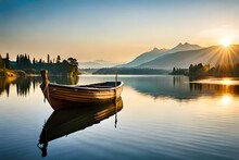 A View Of A Lake With A Wooden Boat Floating In It Under The Sunlight