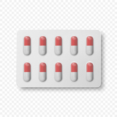 Wall Mural - Vector Realistic Pharmaceutical Medical White and Red Pills, Vitamins, Capsule in Blister Closeup Isolated. Pills in Blister Packaging Design Template. Front, Top View. Medicine, Health Concept