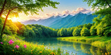 Fototapeta Natura - Summer concept background serene nature landscape with warm tone sunlight foliage of trees