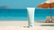 © Свет Лана - Sunscreen lotion and sunscreen on a sandy beach. Summer vacation and skin care, protection from UV spf. Generative AI.