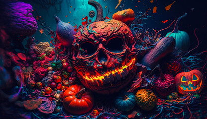 Wall Mural - Conceptual wallpaper for Halloween with a pumpkin with a glowing face with a sinister look and nightly holiday paraphernalia.Generative AI