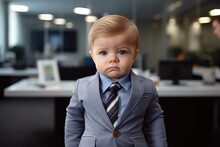 Serious business baby boss in the office looking at the camera