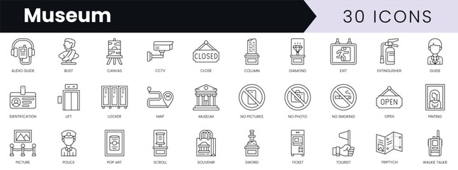 Set of outline museum icons. Minimalist thin linear web icon set. vector illustration.